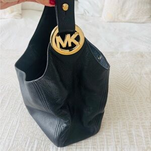 Michael Kors Black Pebbled Leather Hobo with Gold MK Accent